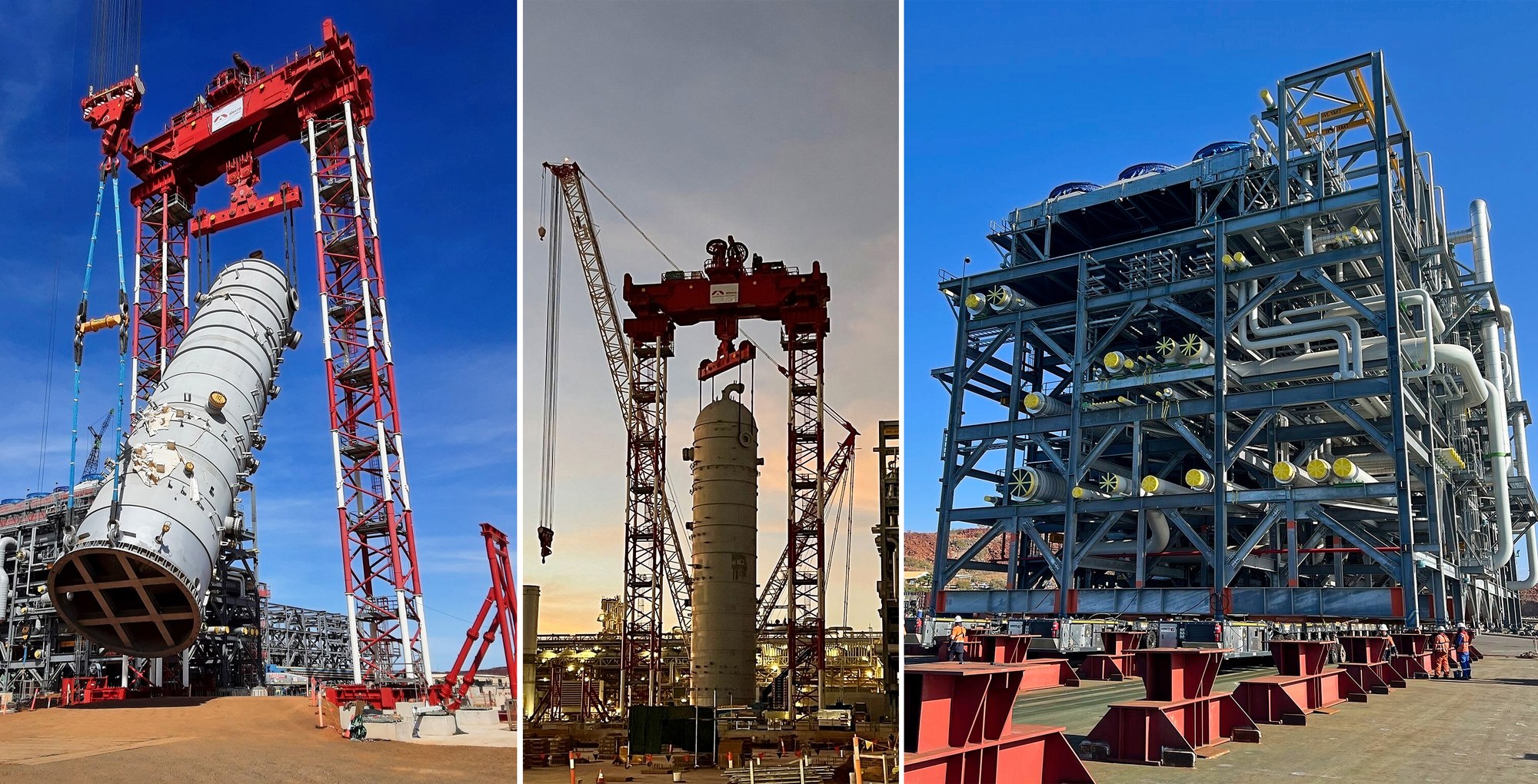 Fagioli tower lift system upending the 1,200-tonne heavies removal column at the Pluto Train 2 LNG project in Australia