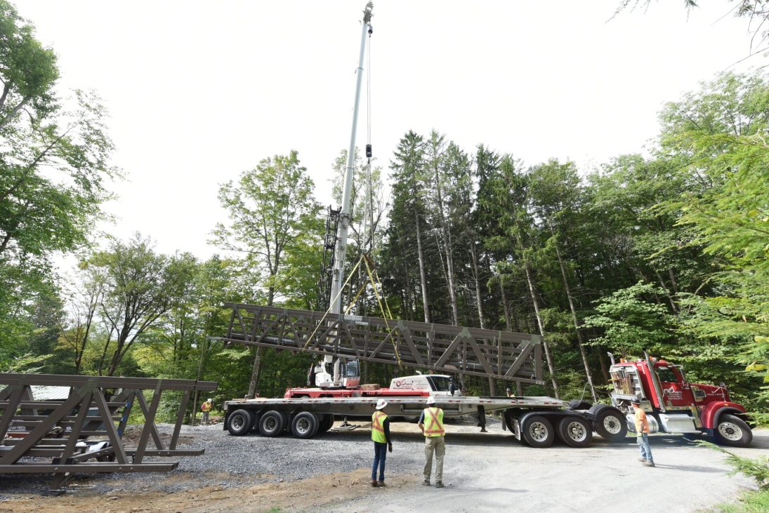 Classen's Crane Service Link-Belt 120|HT rigged for the Fayston pedestrian bridge replacement