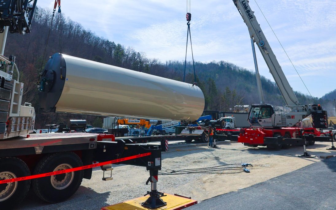 Link-Belt 120|HT telescopic truck crane rigged at the Kentucky asphalt plant site