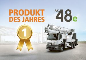 Böcker AK 48e battery-electric truck crane with the Product of the Year 2026 award emblem