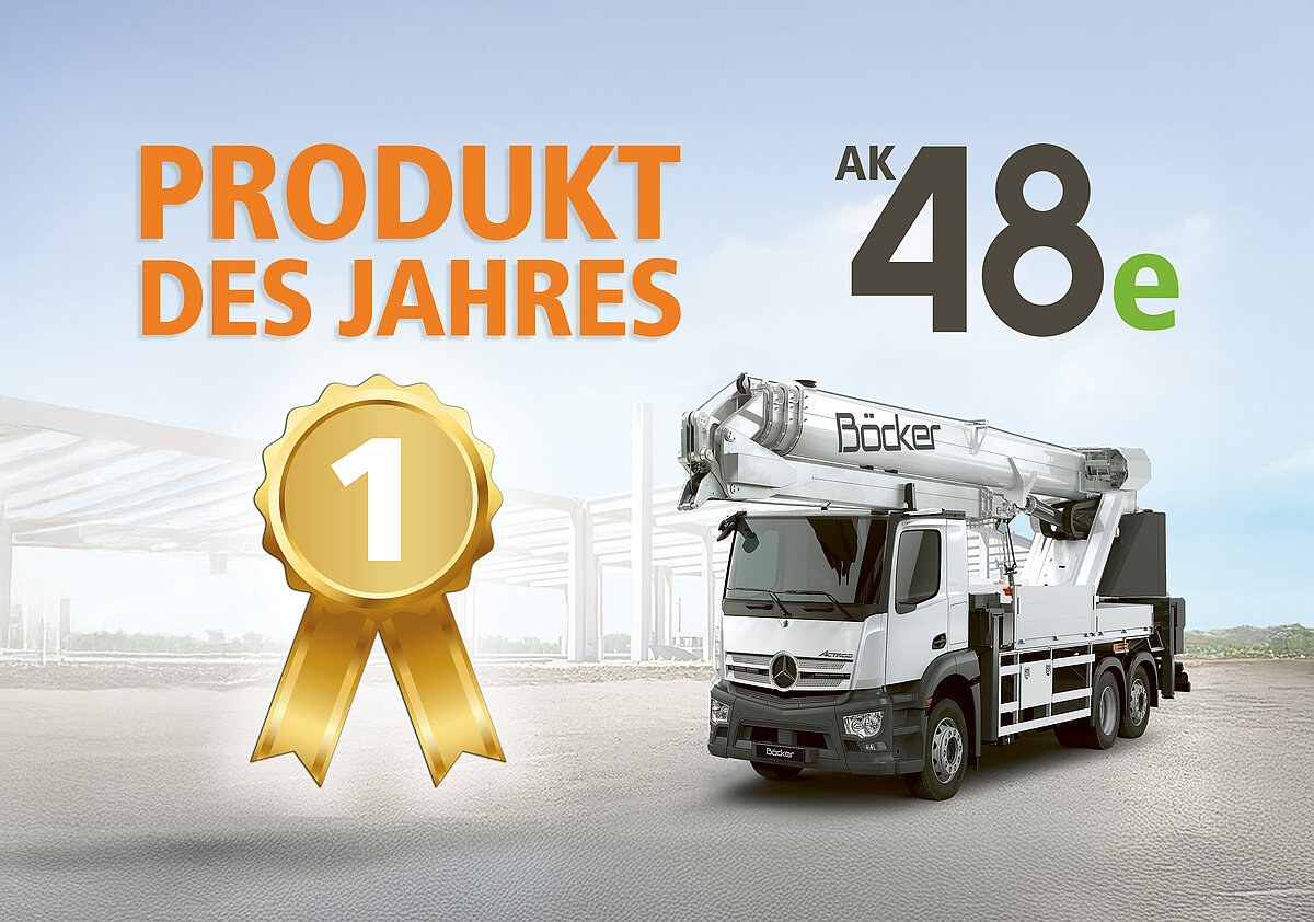 Böcker AK 48e battery-electric truck crane with the Product of the Year 2026 award emblem