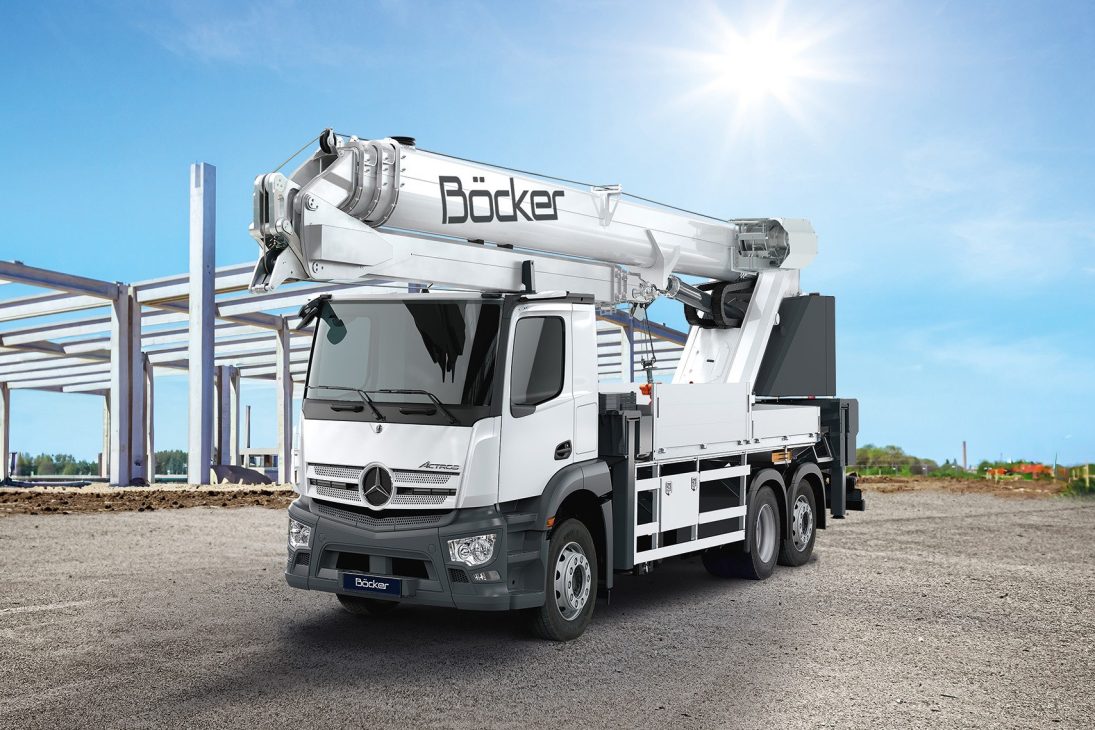 Böcker AK 48e electric truck crane set up on a construction site