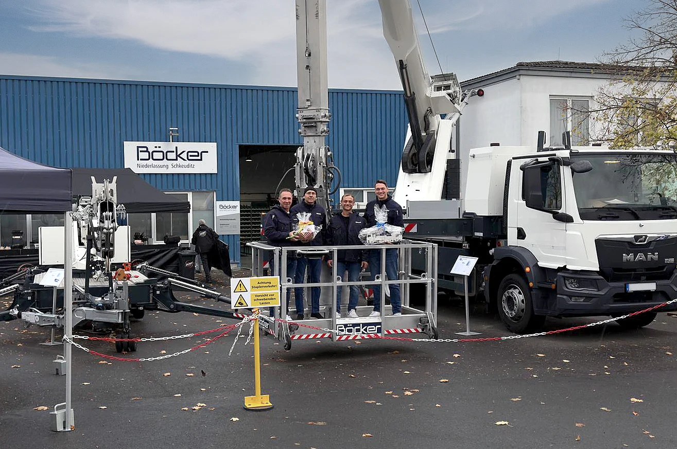 Böcker truck crane with man basket at the opening of the Schkeuditz branch near Leipzig