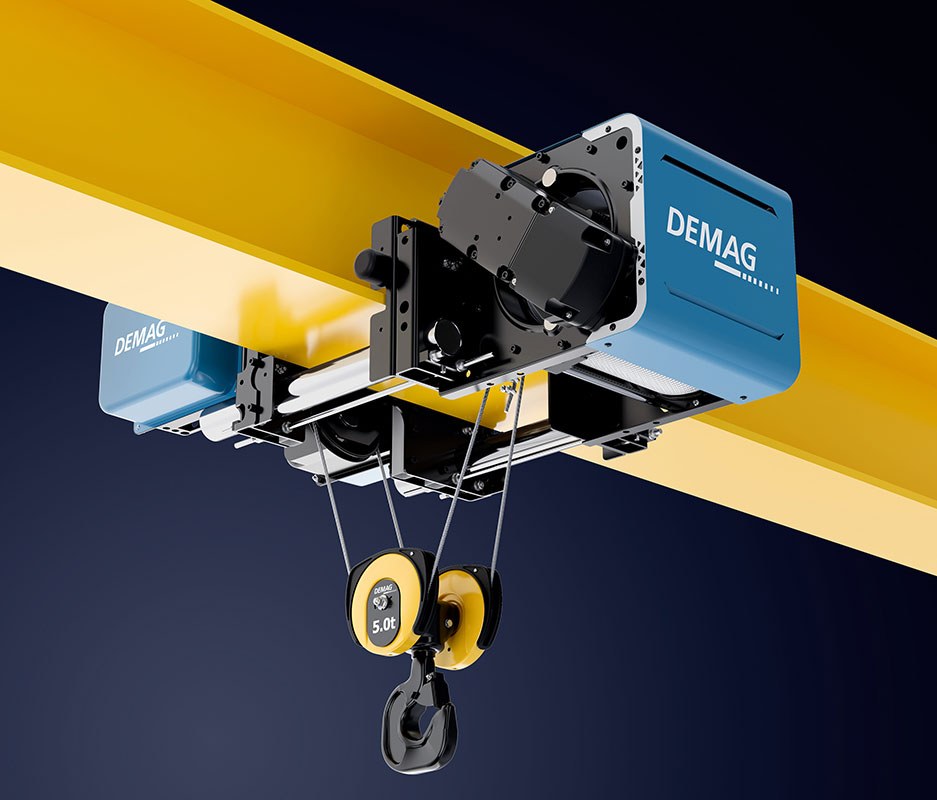 Demag DVR rope hoist on a yellow crane girder with 5.0 t bottom block