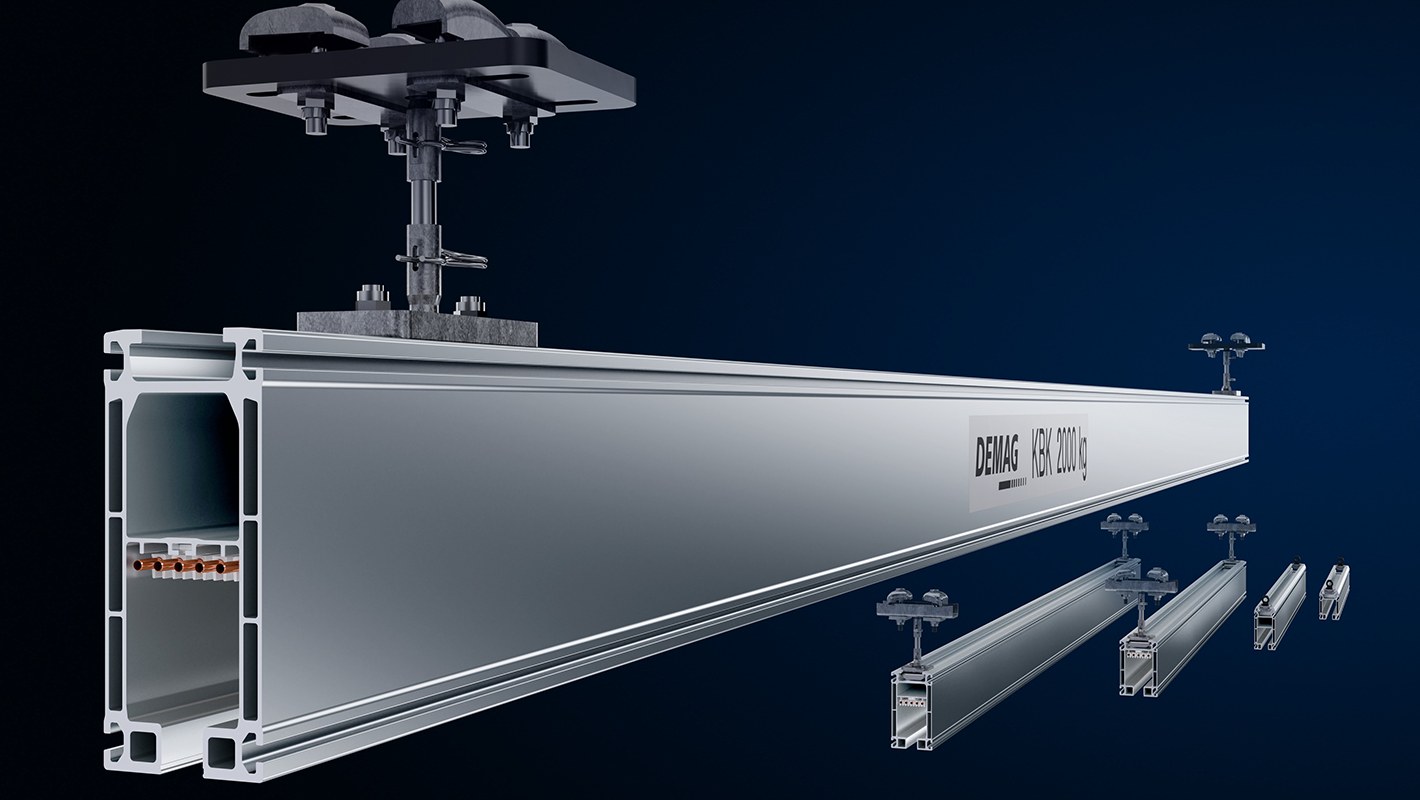 Demag KBK Aluline aluminium profile sections with suspension fittings, rated 2000 kg