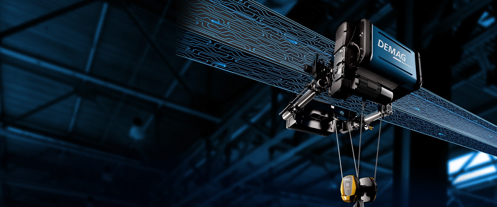 Demag DHR rope hoist mounted on a crane girder with 5 t bottom block