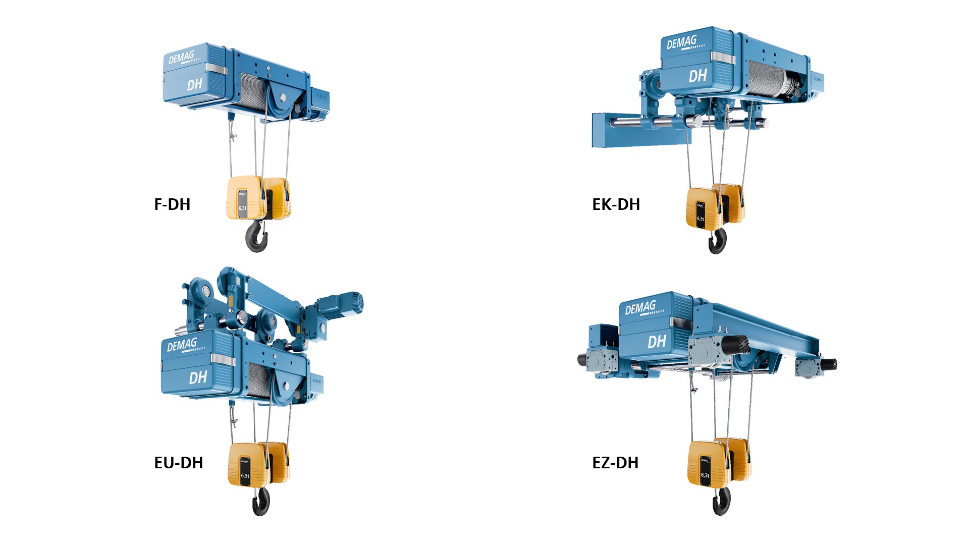 The four Demag DH designs: F-DH foot-mounted, EK-DH monorail, EU-DH standard headroom and EZ-DH double-rail crab