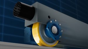 Demag LWS 450 F+ polyurethane travel wheel with flange bearing mounted under a crane girder