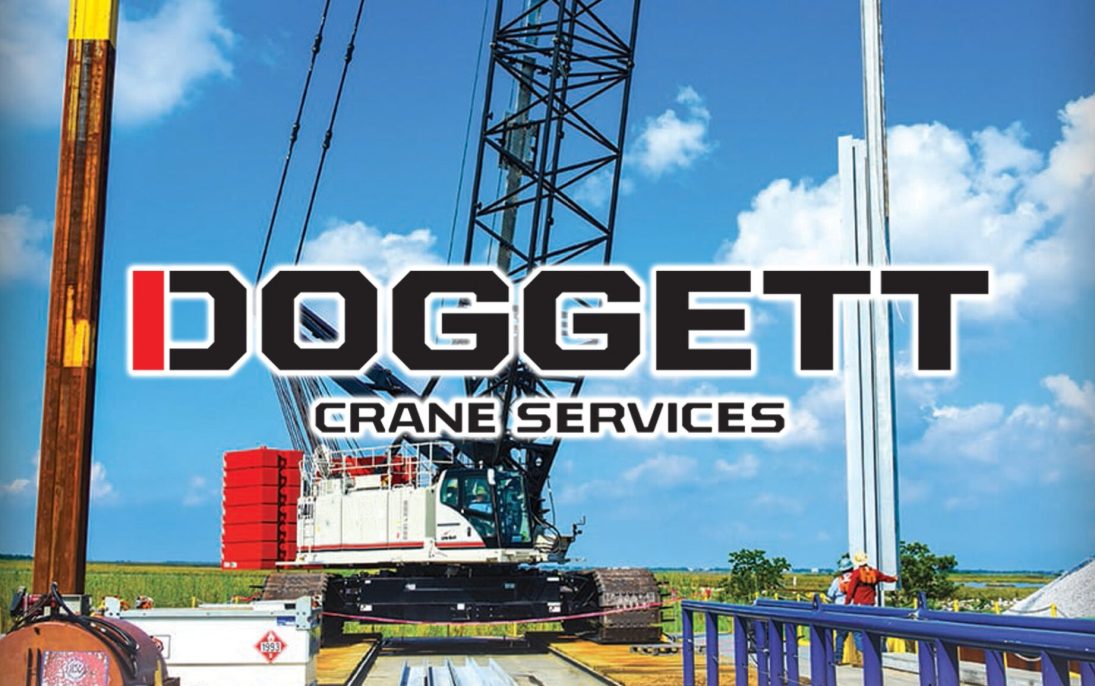 Link-Belt lattice crawler crane in Doggett Crane Services livery working on a bridge deck