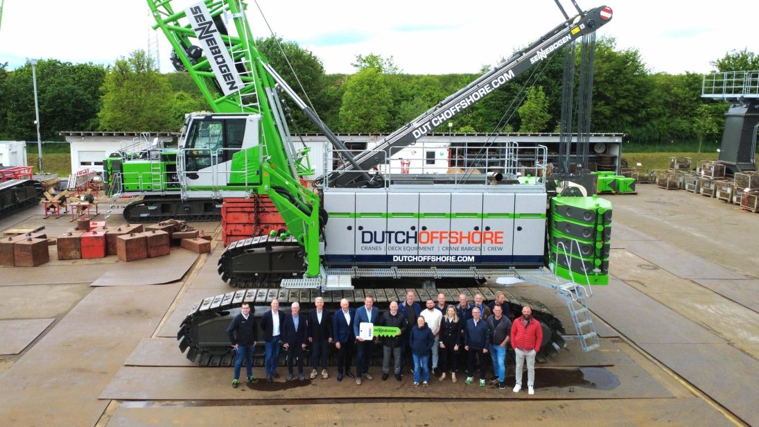 Sennebogen 6220 HD duty cycle crane in Dutch Offshore livery at the handover ceremony