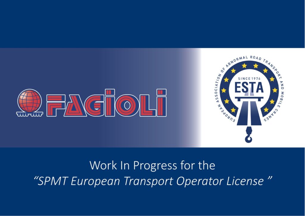 Fagioli and ESTA announcement graphic for the work in progress on the SPMT European Transport Operator Licence