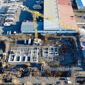 Aerial view of the Potain MDT 489 tower crane covering the Reykjavik precast residential site