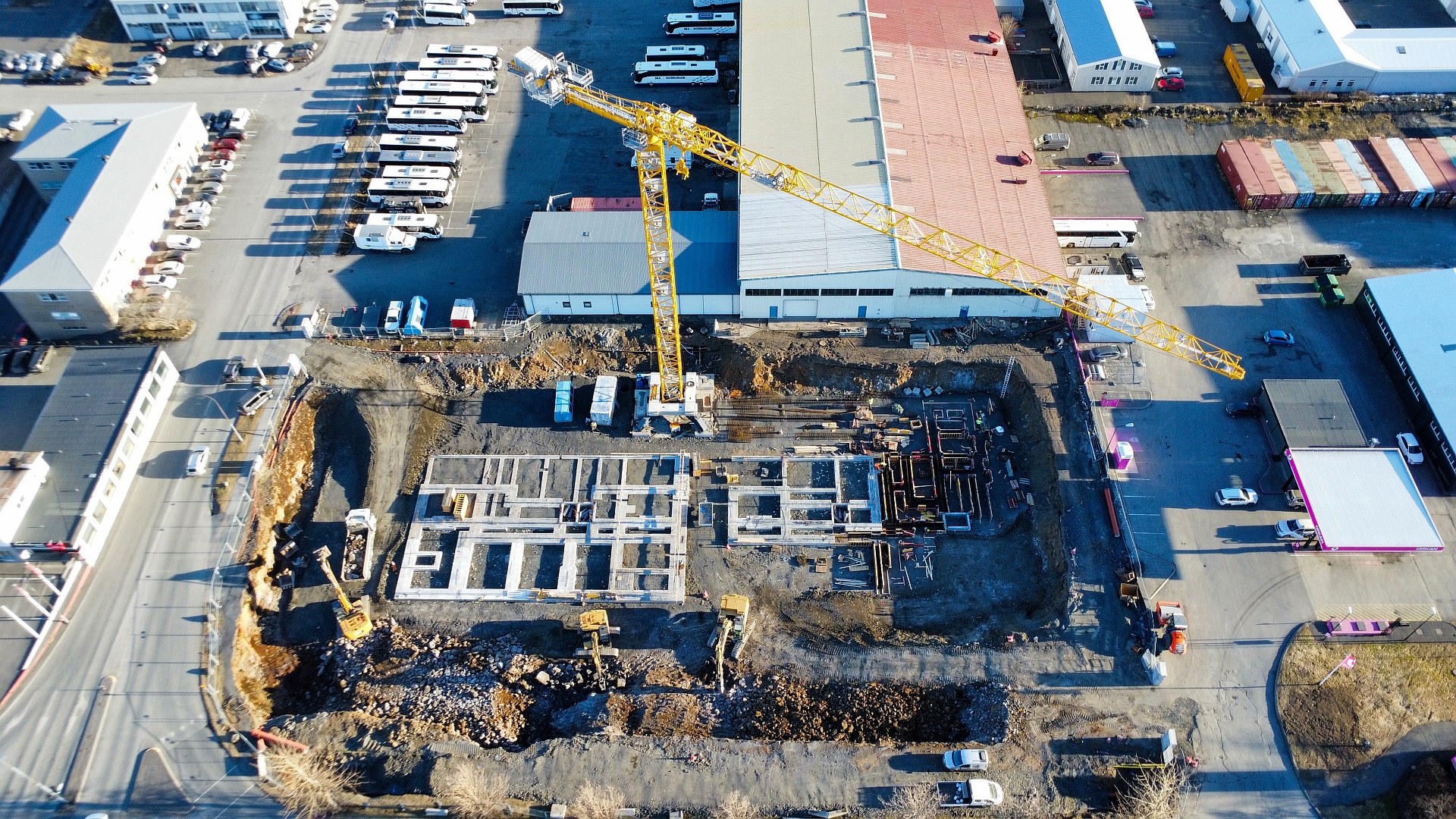 Aerial view of the Potain MDT 489 tower crane covering the Reykjavik precast residential site