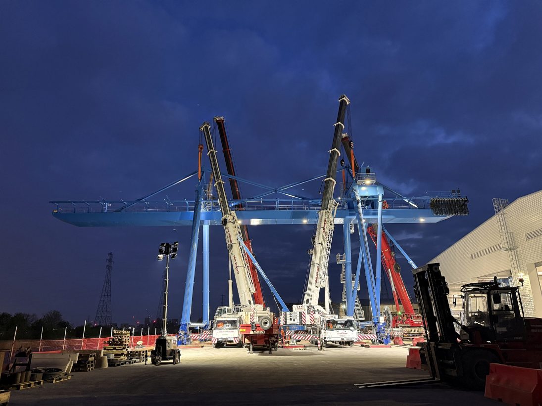 Four Grove all-terrain cranes rigged for the container crane installation at a London port