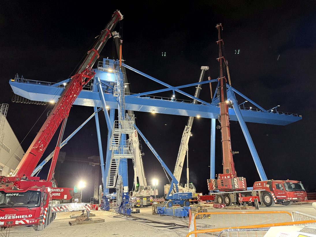 Grove cranes owned by J&M Crane & Transport working in tandem on the London container crane installation