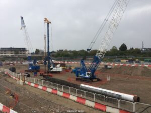 Kobelco CKE1350 crawler crane working on the HS2 Old Oak Common station box