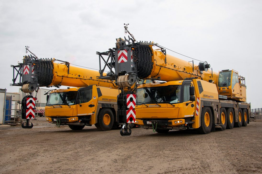 Grove GMK5150XL all-terrain crane rigged for lifting at the AZFEN platform fabrication site