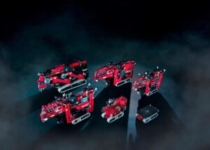 The Hoeflon compact crane range lined up, from the C1e to the C30e