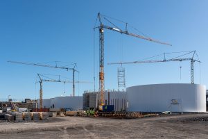 Liebherr tower cranes at the First Water land-based salmon farm in Iceland