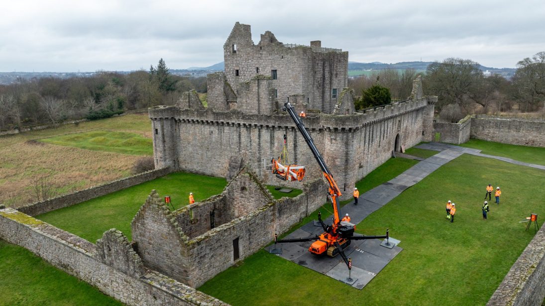 Jekko JF545.2 articulated crawler crane working inside the courtyard at Craigmillar Castle