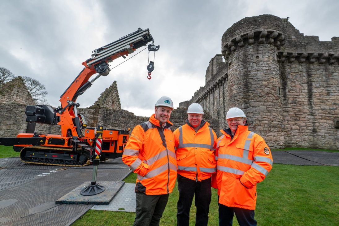 Ground protection matting laid for the crane inside the historic castle courtyard
