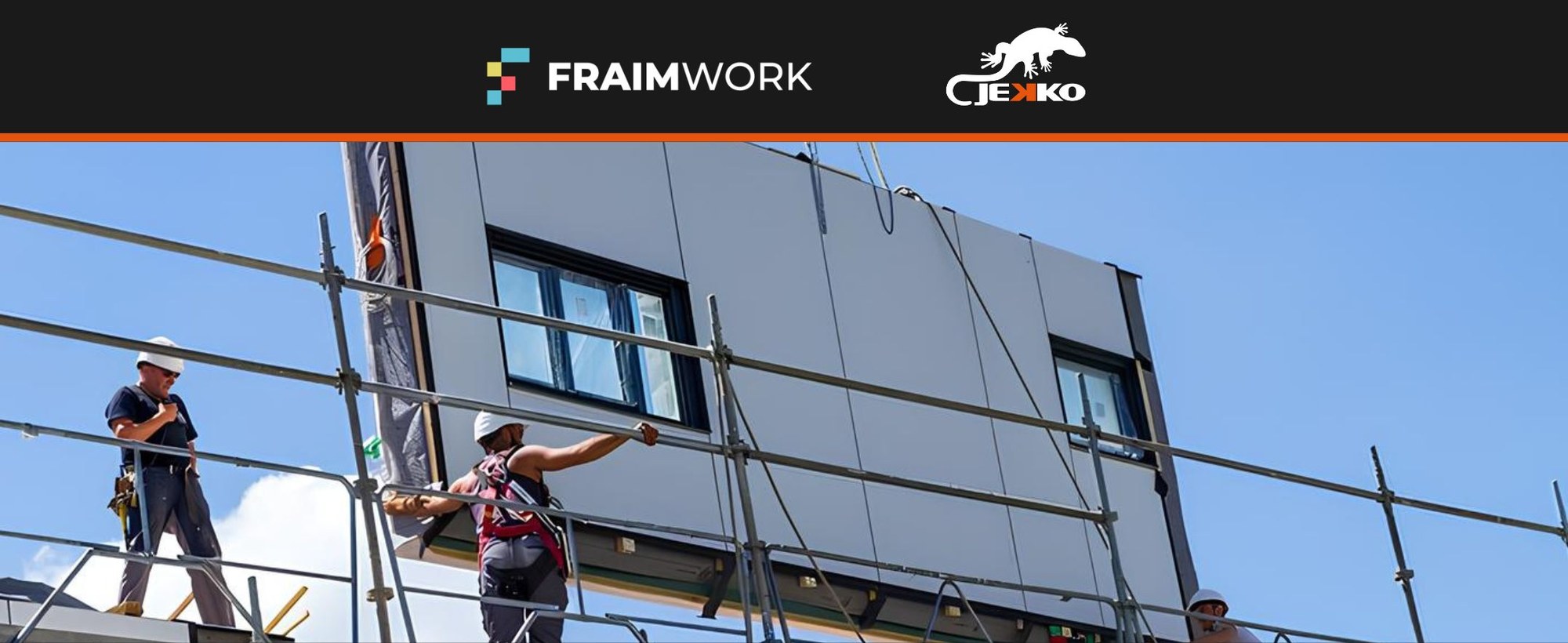 Prefabricated façade module being lifted into place on a building renovation site in the FraimWork project