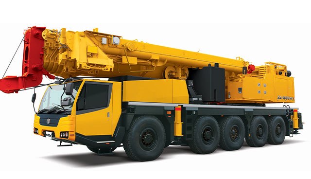 Kato KA-1300RX all terrain crane seen from the front nearside with boom stowed