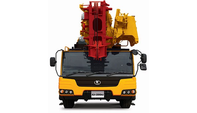 Rear three-quarter view of the Kato KA-1300RX all terrain crane
