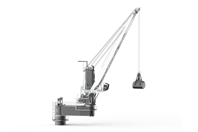 Liebherr CBG 310 four-rope grab crane with closed grab suspended from the boom