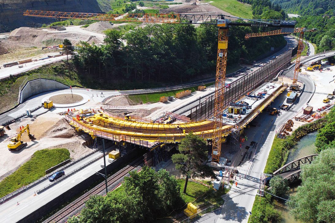 Liebherr tower cranes on the N16 bridge construction site in Switzerland