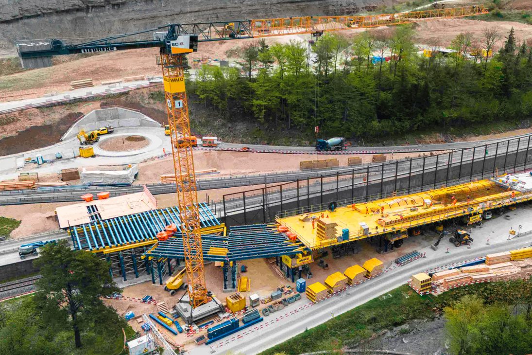 Liebherr tower cranes on the N16 bridge construction site in Switzerland