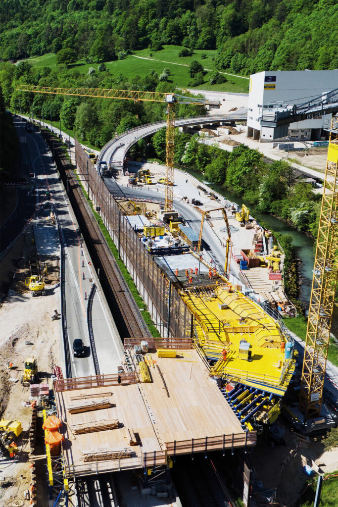 Liebherr tower cranes on the N16 bridge construction site in Switzerland