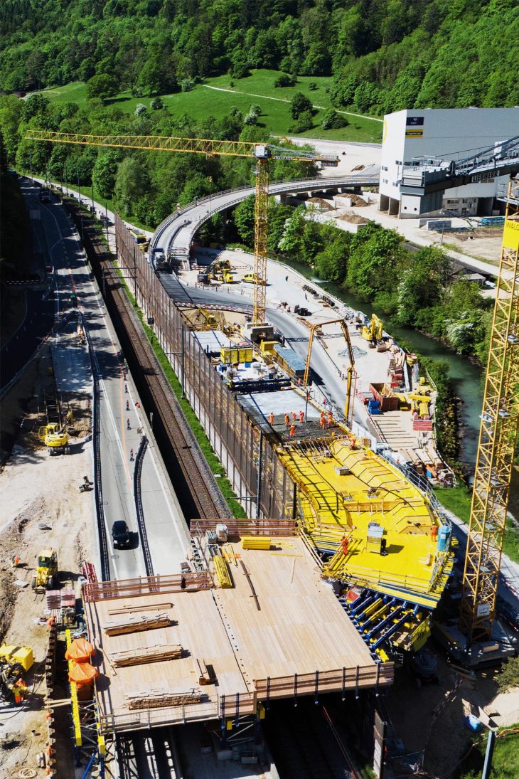 Liebherr tower cranes on the N16 bridge construction site in Switzerland