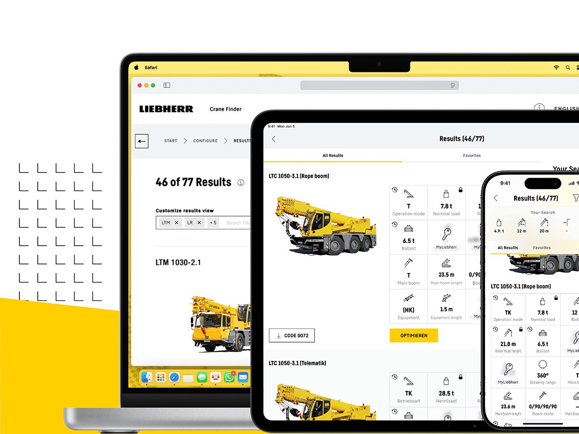 Liebherr Crane Finder application selecting a mobile crane configuration for a lift