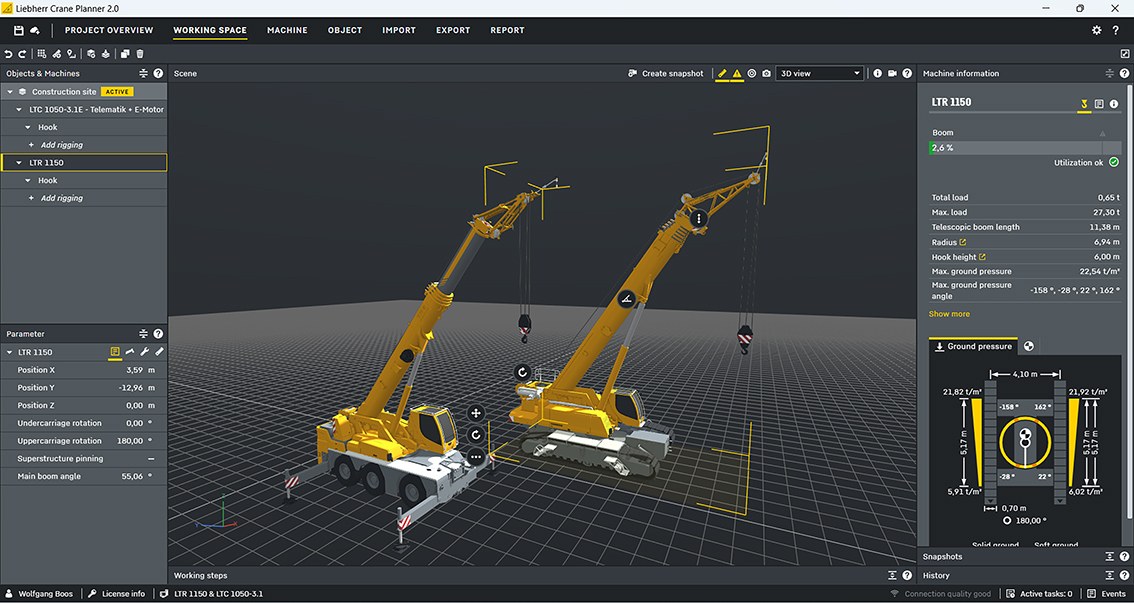 Crane Planner 2.0 simulating a Liebherr mobile crane lift in 3D