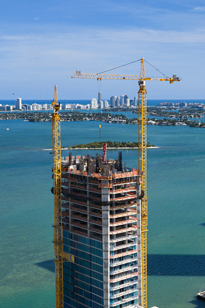 Liebherr tower cranes on high-rise construction sites in Miami