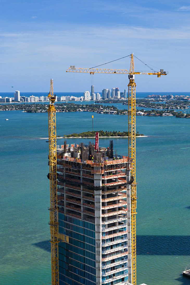 Liebherr tower cranes on high-rise construction sites in Miami
