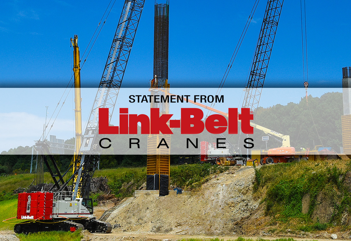 Link-Belt lattice boom crawler cranes working on a bridge pier construction site
