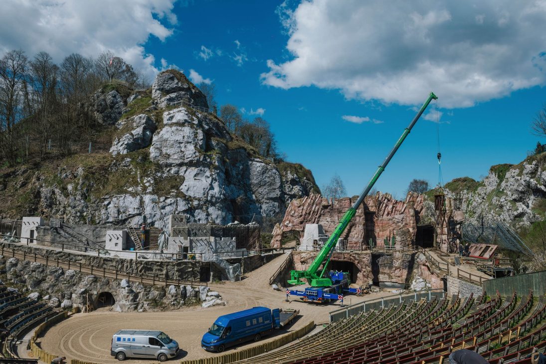 Liebherr LTM 1090-4.2 mobile crane building the stage set at the Karl May Festival open-air theatre in Bad Segeberg