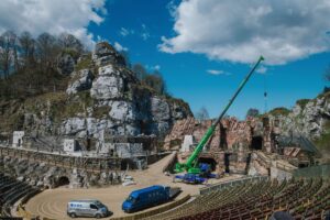 Liebherr LTM 1090-4.2 mobile crane building the stage set at the Karl May Festival open-air theatre in Bad Segeberg