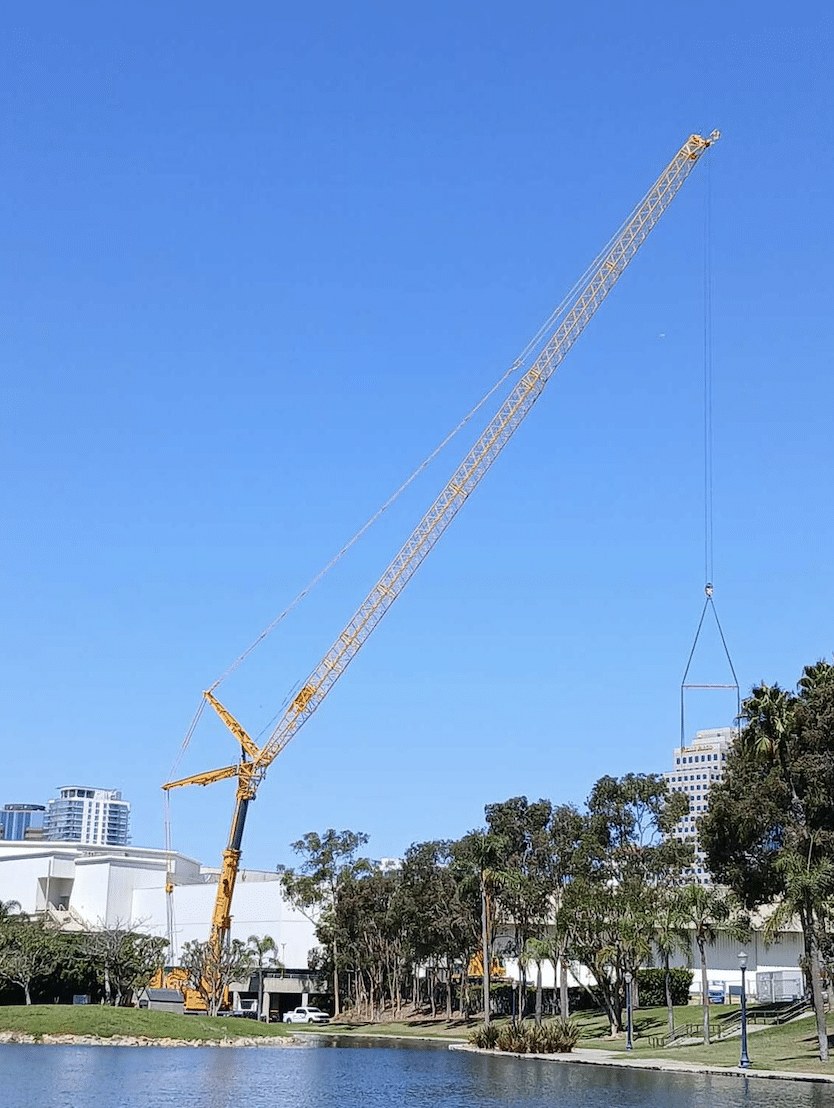 Liebherr LTM 1650-8.1 all-terrain crane with luffing jib working at the Long Beach Convention Center