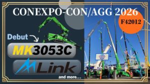 Maeda announcement graphic for CONEXPO-CON/AGG 2026 showing the MK3053C knuckle boom crane and stand number F42012