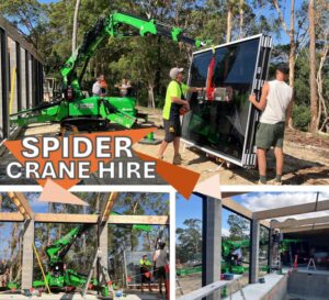 Maeda MK3053C knuckle boom crane installing glass panels on a Spider Crane Hire job site in Queensland