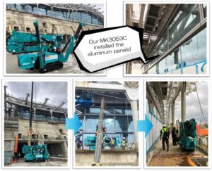 Maeda MK3053C knuckle boom crane installing curtain wall panels at Taoyuan International Airport Terminal 3
