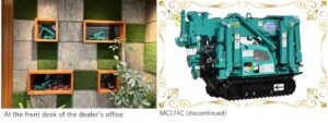 Maeda mini crane models on display at an Indian dealer office alongside the discontinued MC174C mini crane