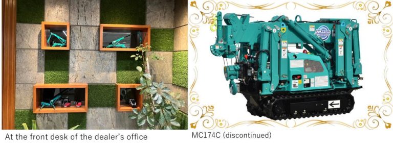 Maeda mini crane models on display at an Indian dealer office alongside the discontinued MC174C mini crane