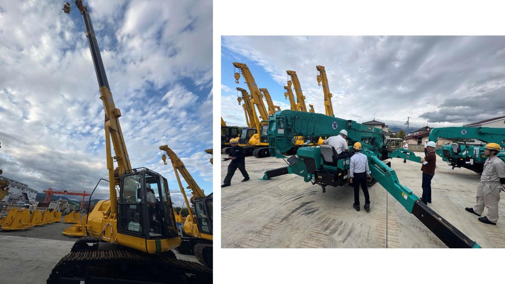 Maeda mini cranes lined up in the yard at the Nagano factory during the Malaysian dealer visit