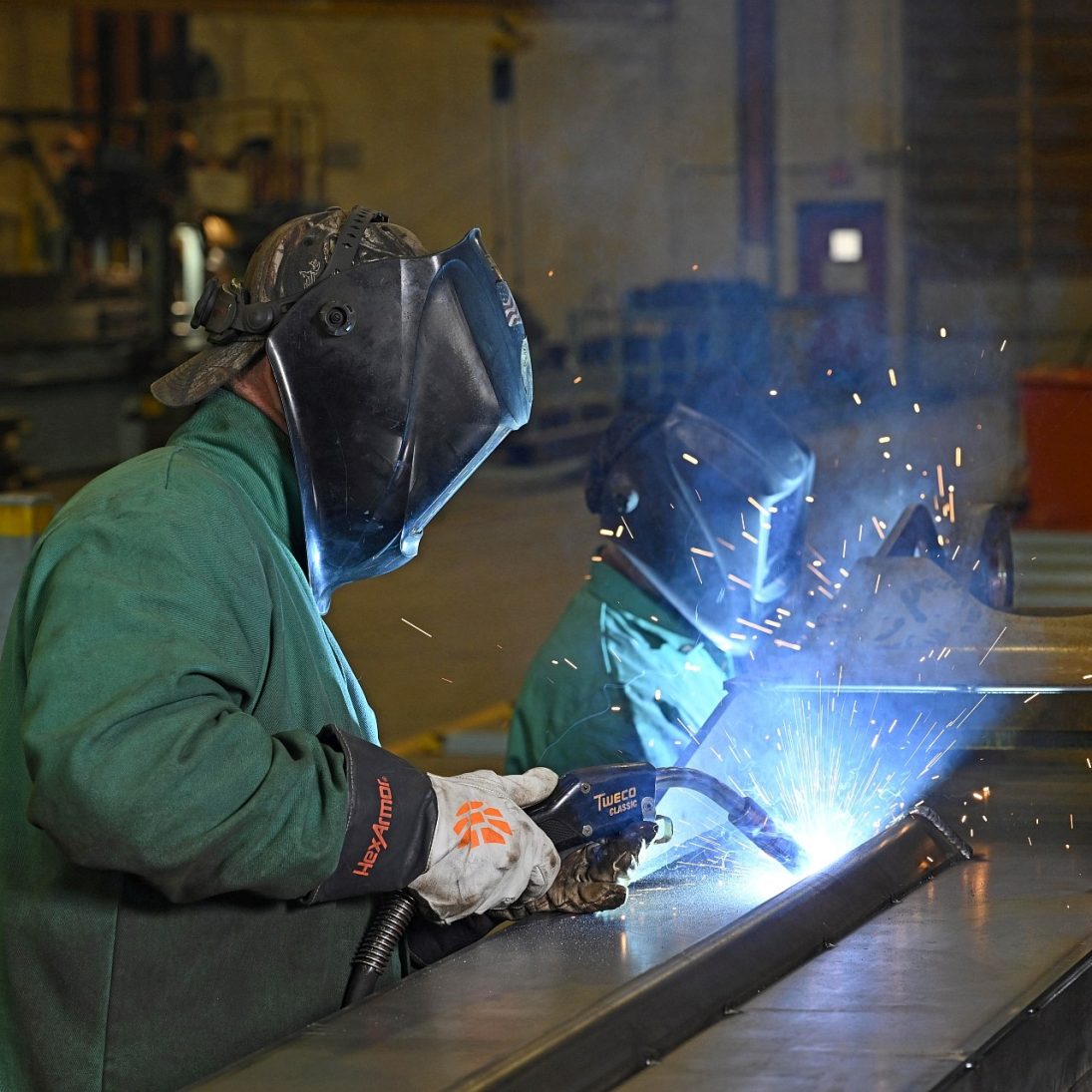 Welders fabricating crane structural components at Manitowoc’s Rapid Response Shop in Shady Grove, Pennsylvania