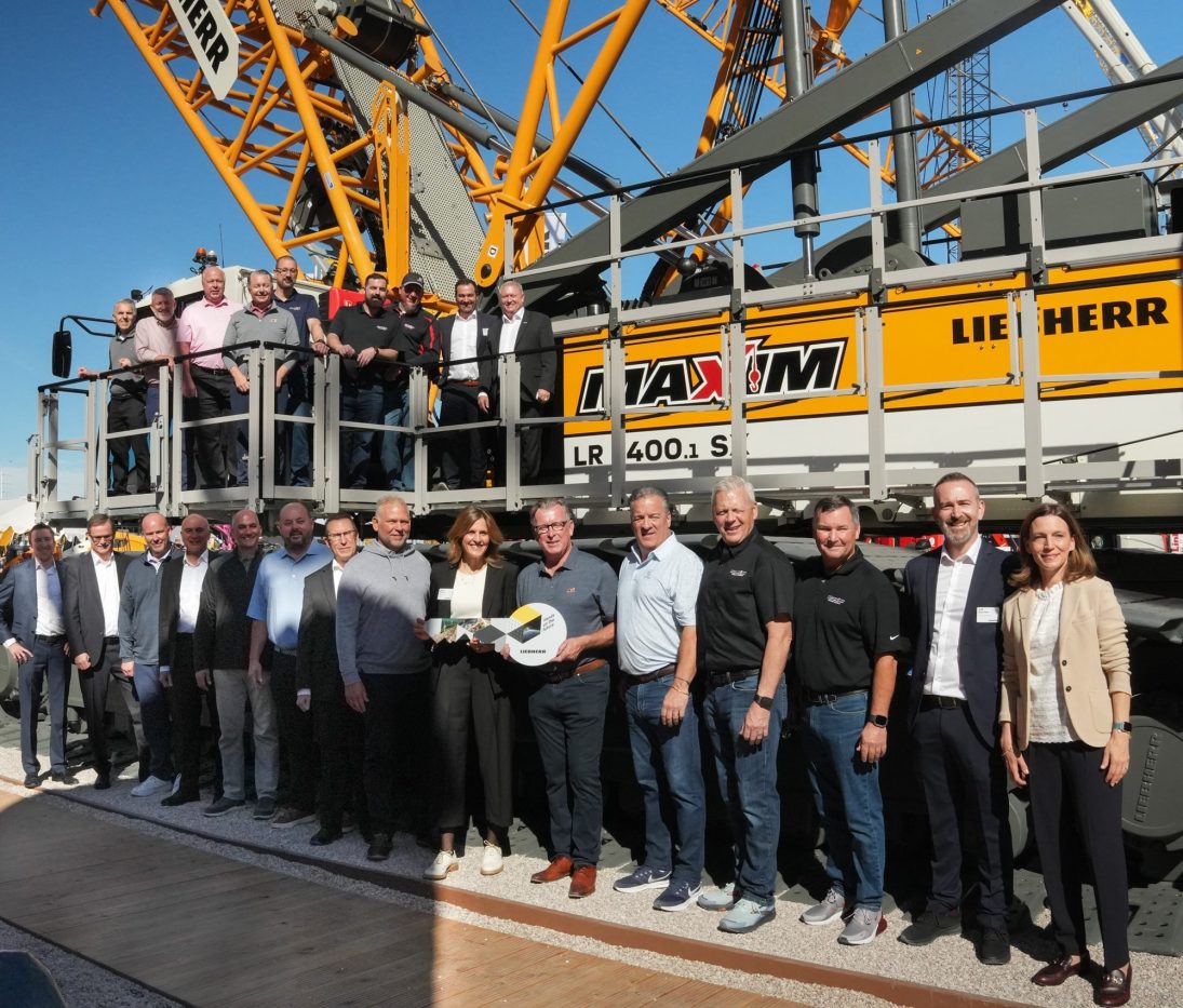 Liebherr LR 1400.1 SX crawler crane key handover to Maxim Crane Works at ConExpo 2026