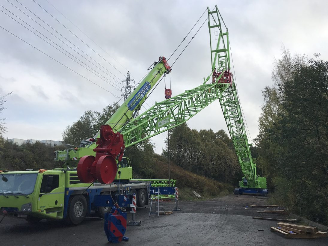 Assembly of the Kobelco CKE1350G-2 crawler crane at Nordic Crane's depot